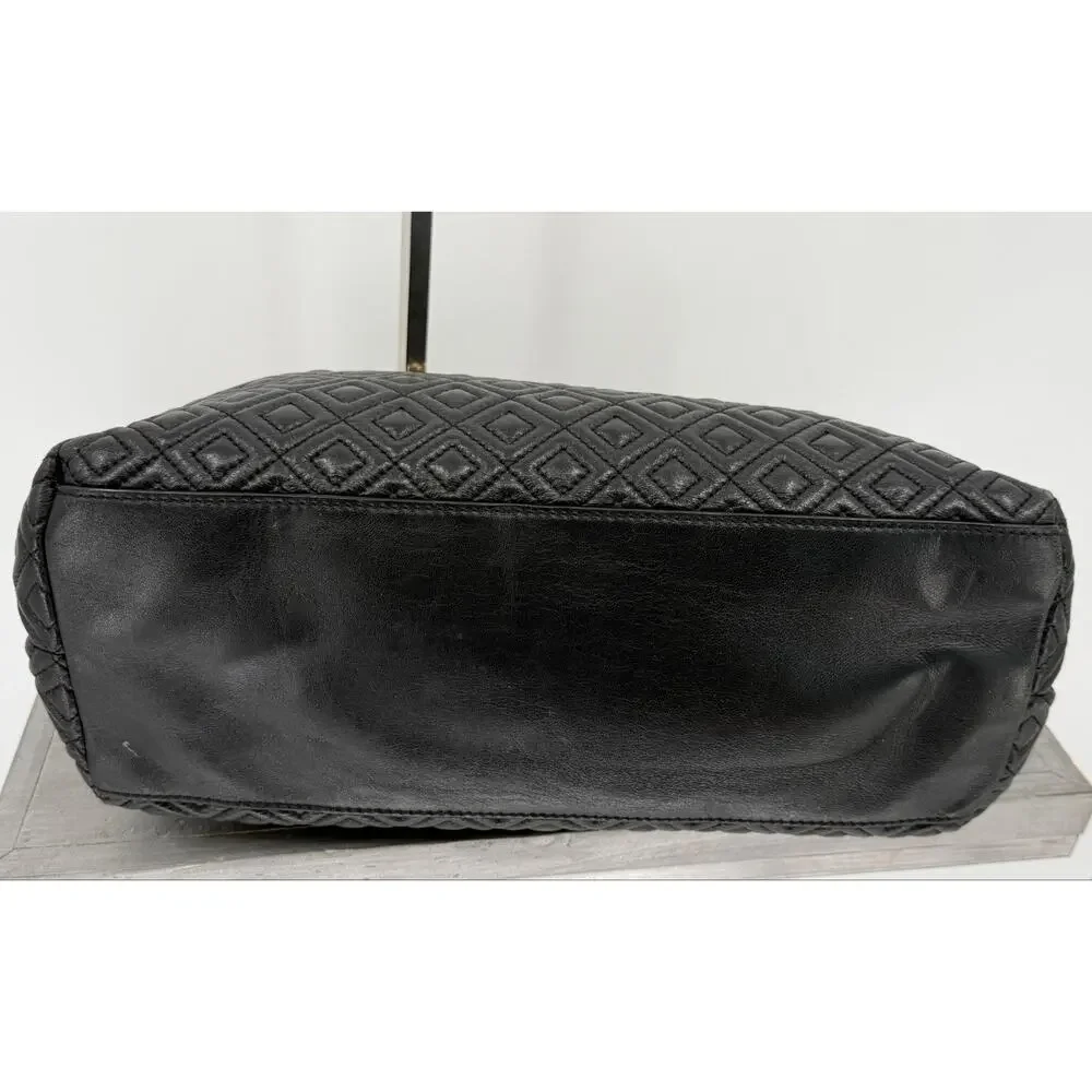 Tory Burch Fleming Black Leather Quilted Chain Tote Shoulder Bag Large Designer